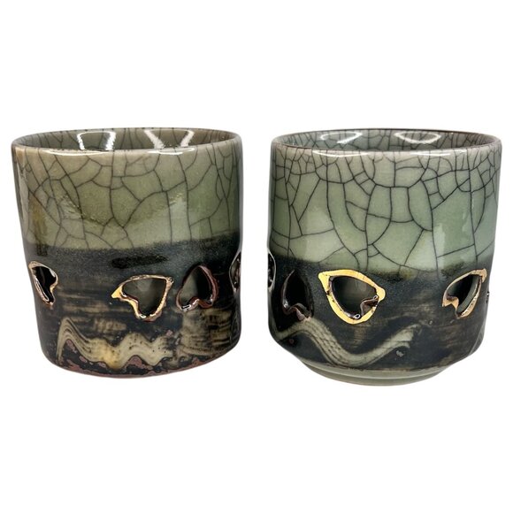 Otagiri Somayaki Soma Ware Double Wall Crackle Glaze Tea Sake Cup Set Of 2 Heart - Picture 3 of 7